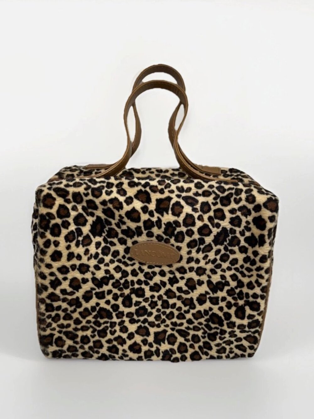 Vintage Lancome Leopard Print Makeup Bag with Zipper and Handle